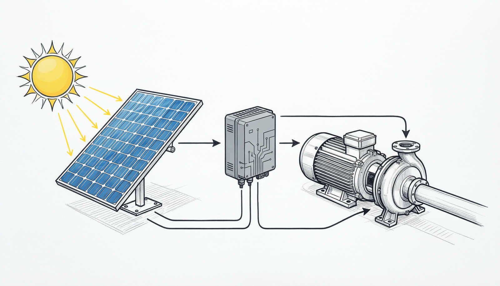 Technical line-art diagram showing energy flow from solar panels to water pump motor