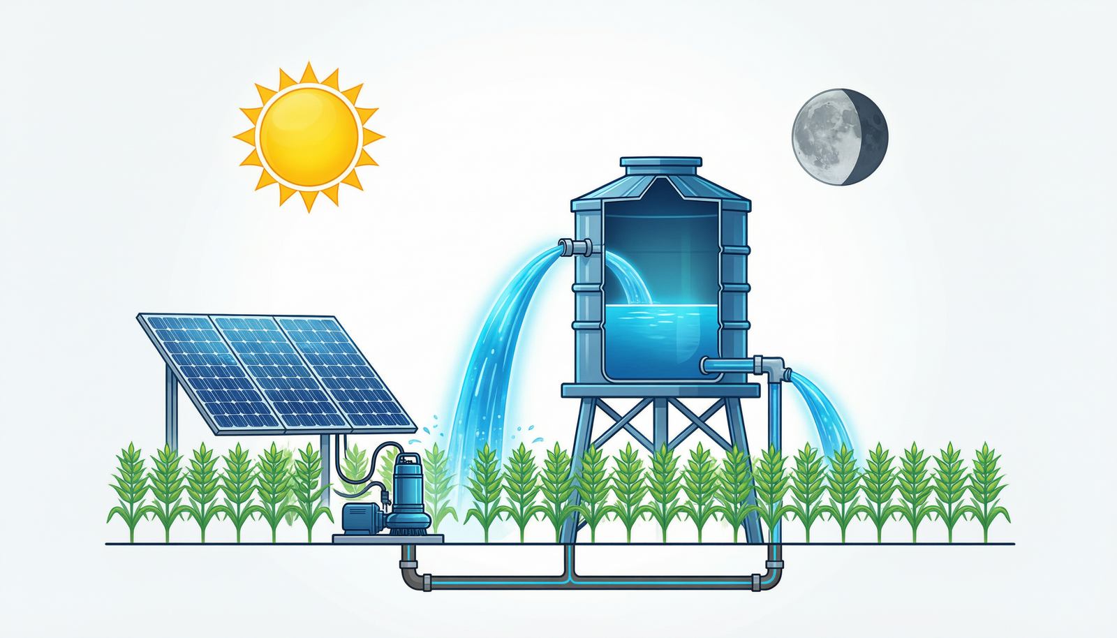 Diagram showing solar pump filling an elevated water tank for gravity-fed irrigation at night