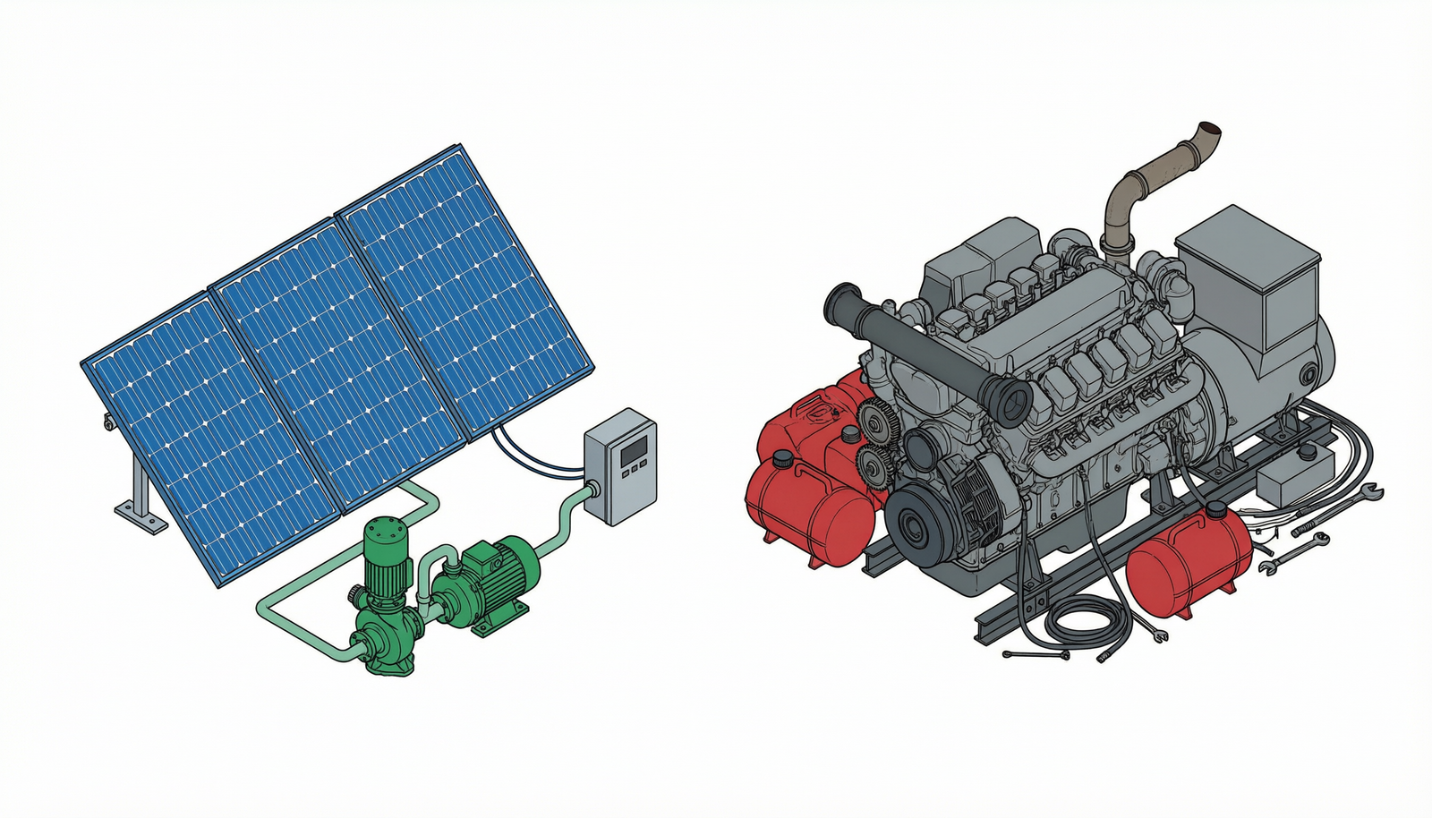 Side-by-side isometric comparison of a compact solar pump system versus a bulky diesel generator setup