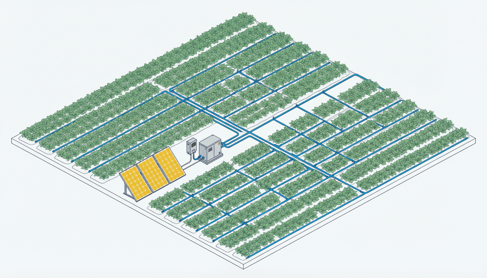 Stylized flat illustration of a lush green farm field with drip irrigation lines connected to a solar pump system