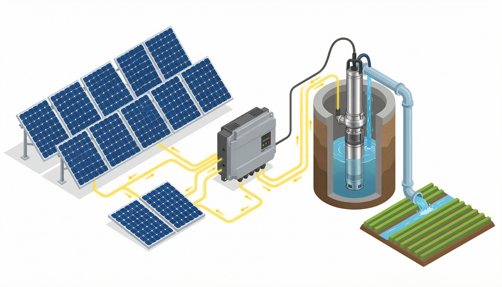 Isometric flat vector illustration of a complete solar water pump system showing solar panels, MPPT controller, pump, well, and irrigation fields