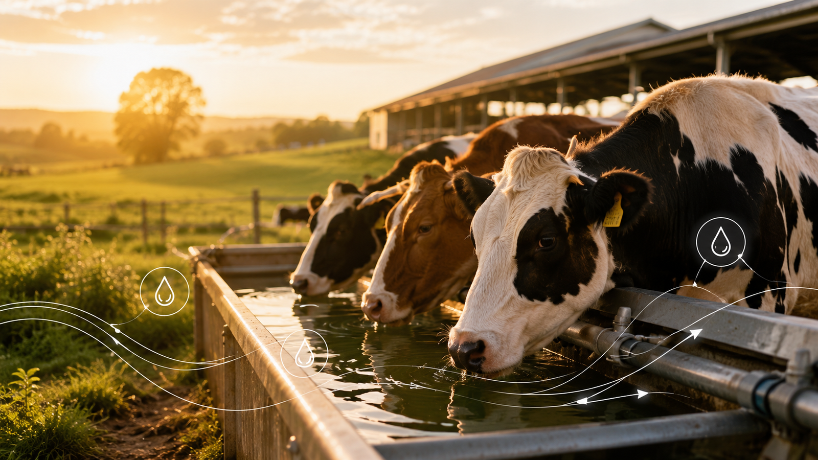 Wide shot of a green pasture with cattle grazing and an irrigation system in the background, overlaid with text Mastering Farm Water Use