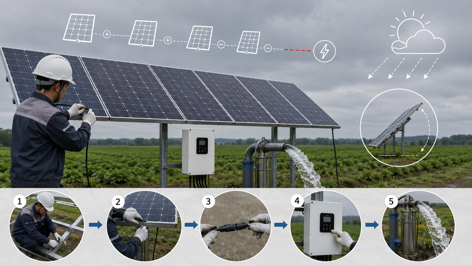 Isometric infographic comparing water storage tank system versus battery backup system for solar pumps