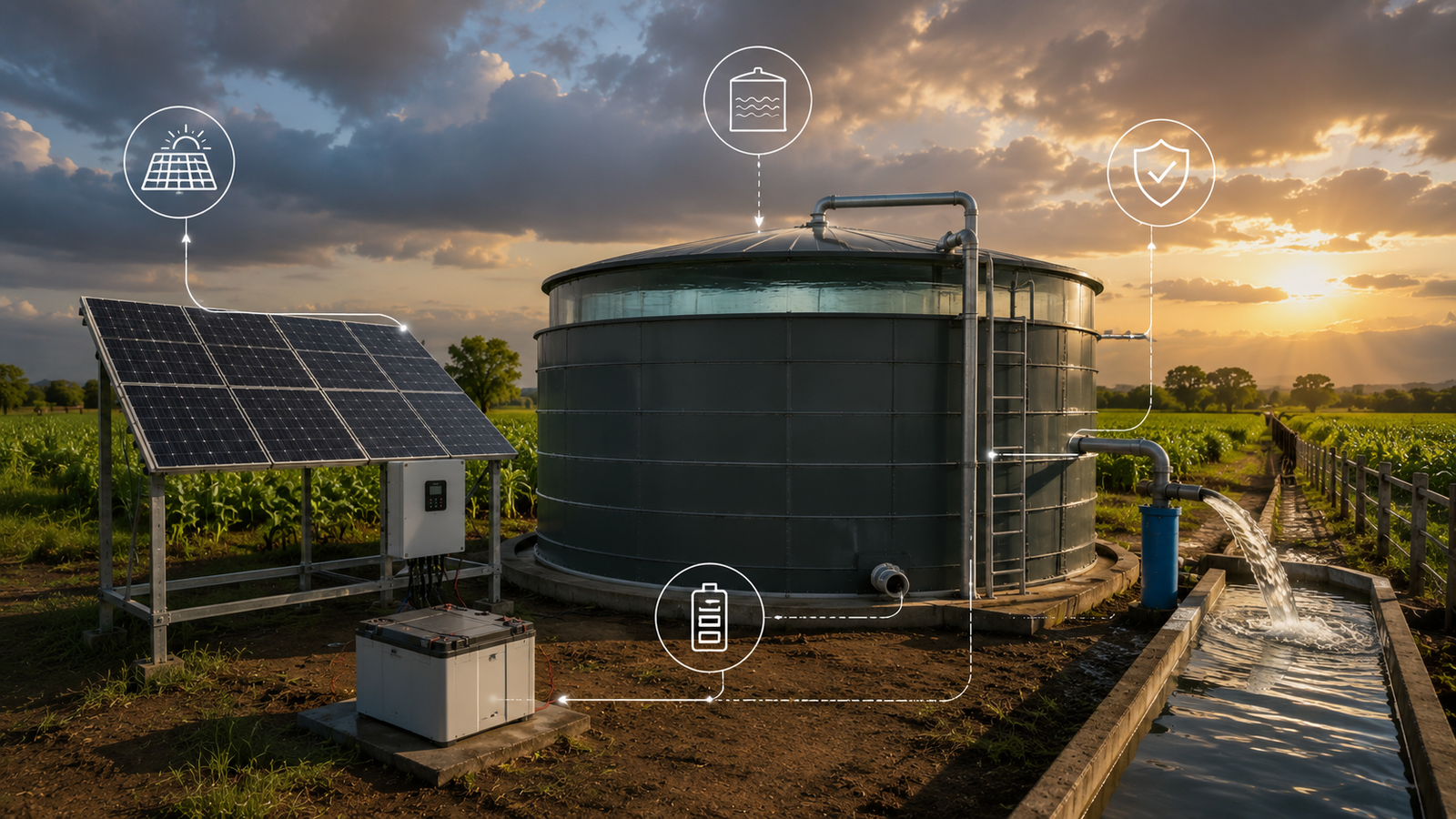 3D render of a complete solar water pumping system with cutaway view showing internal motor components and UI overlay displaying stable voltage