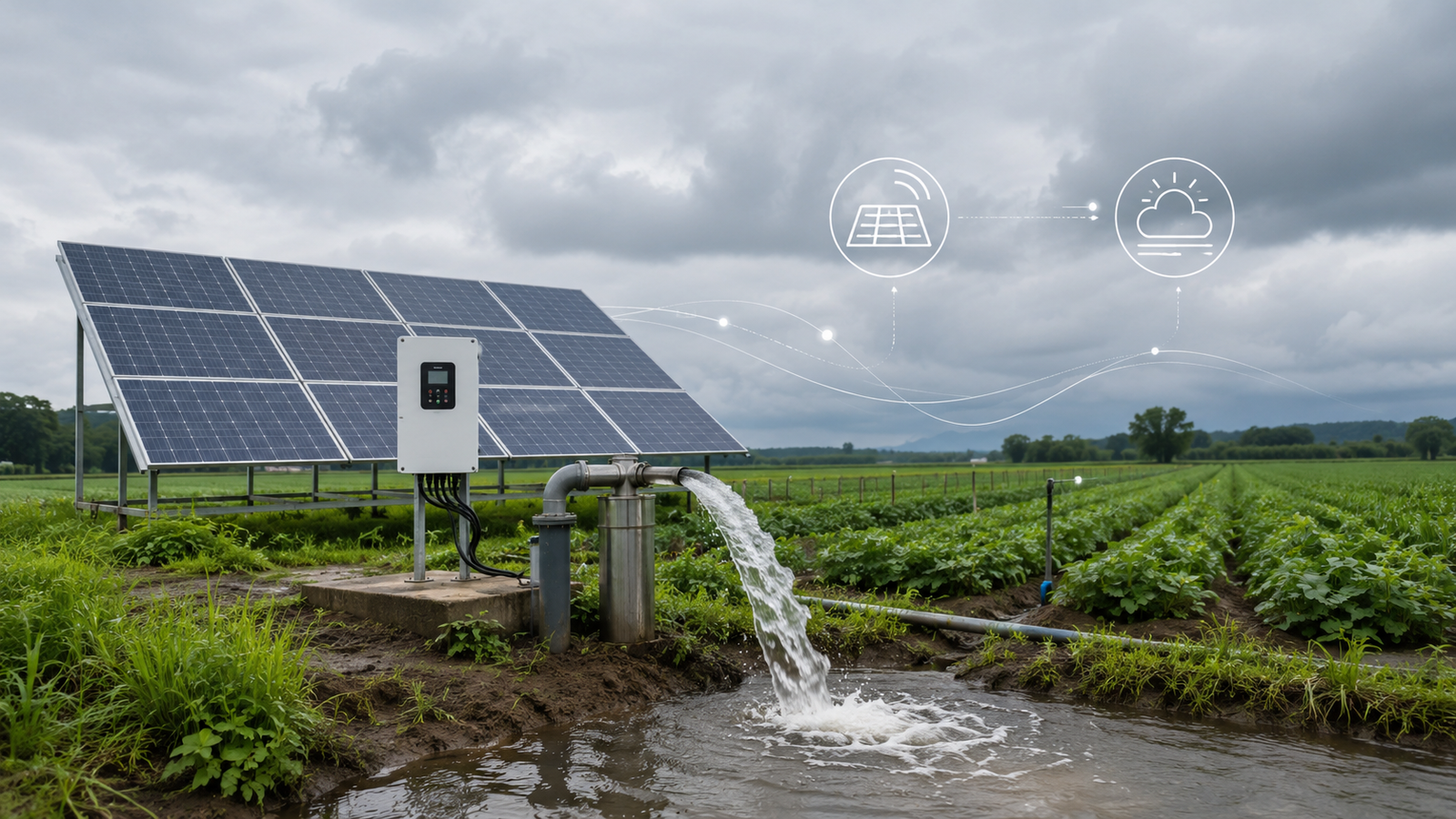 Solar water pump system operating on a farm during overcast cloudy weather with headline overlay