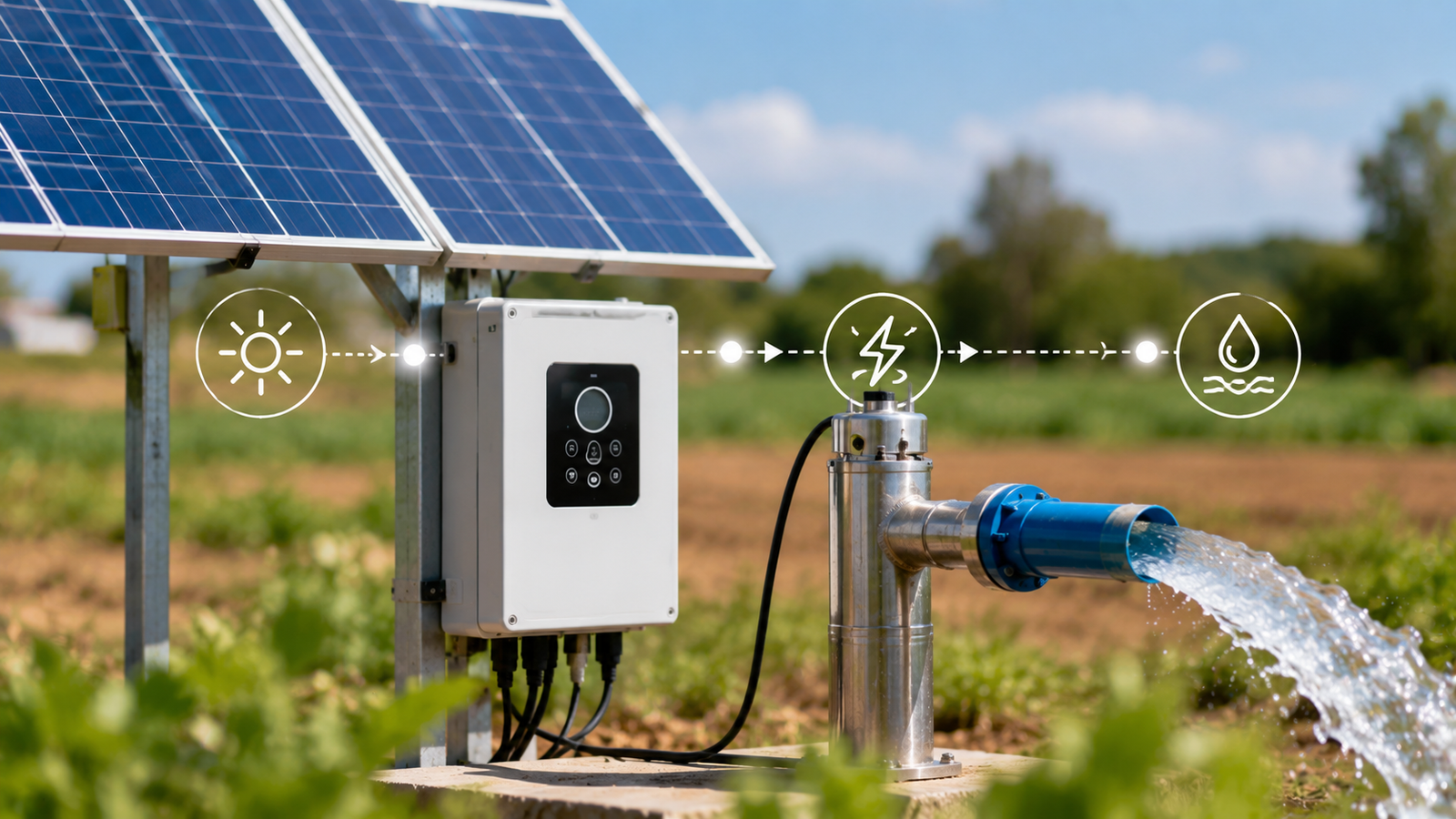 Schematic diagram of a solar water pump system showing solar panels, MPPT controller, and submersible pump connection
