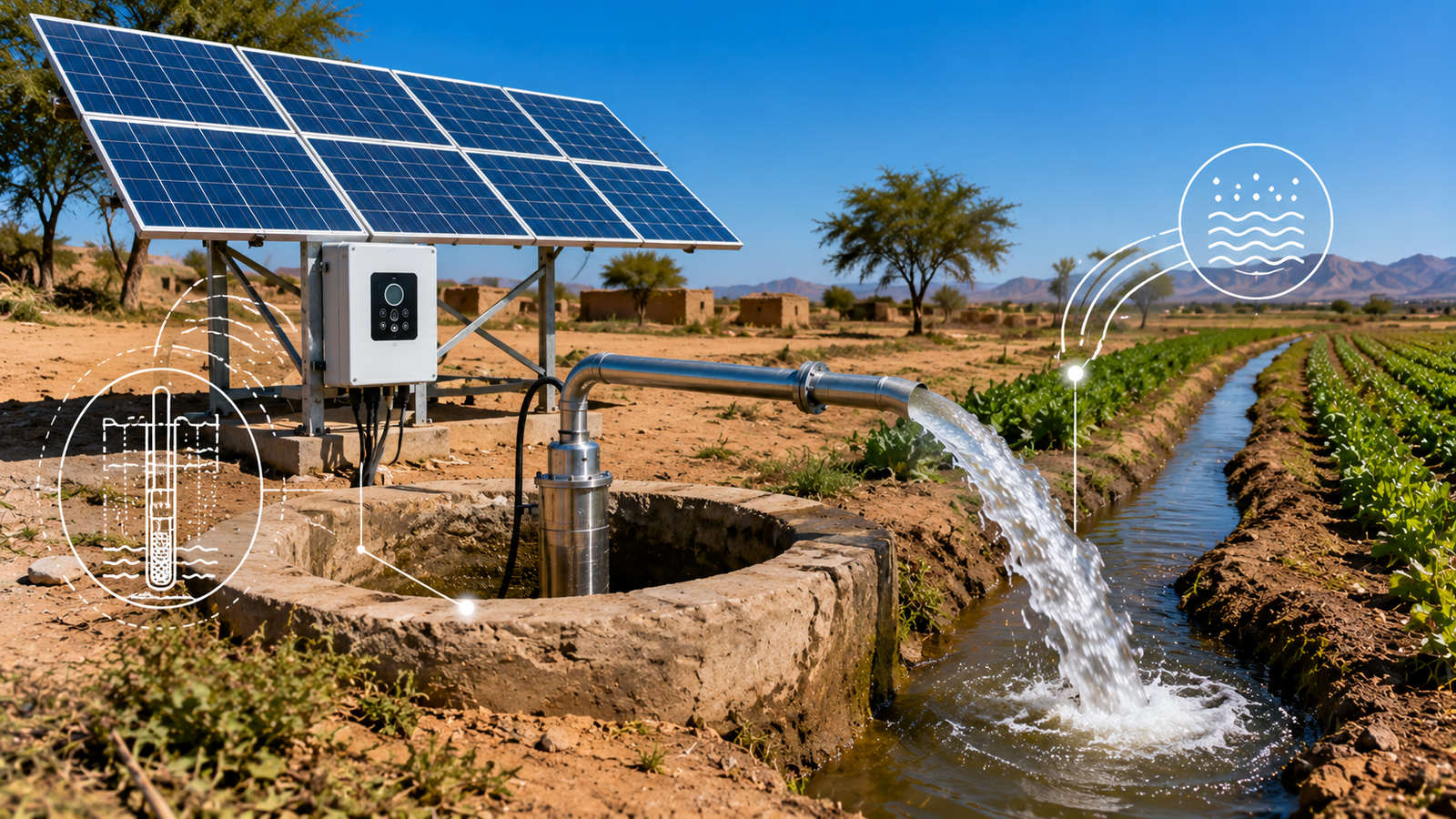Farmer inspecting a solar panel array next to a water well, with subtle icons indicating zero emissions and low maintenance