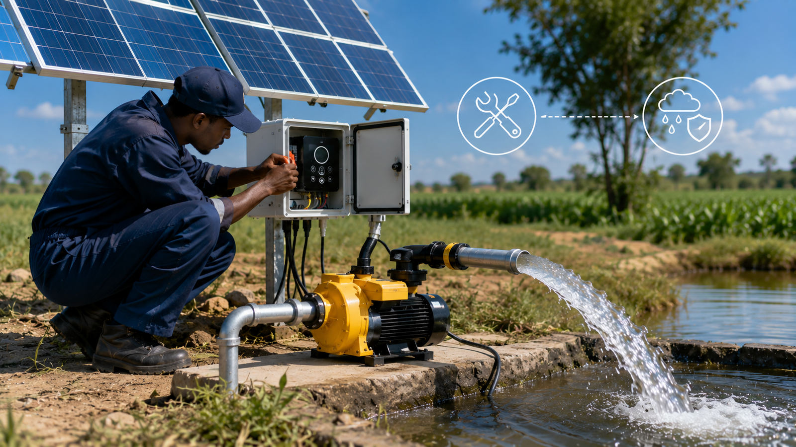 Isometric illustration comparing surface pump installation for shallow ponds versus submersible pump installation for deep boreholes