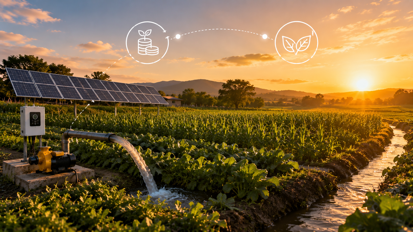 3D cutaway view of a high-efficiency solar pump motor inside a lush agricultural field, highlighting durable internal components