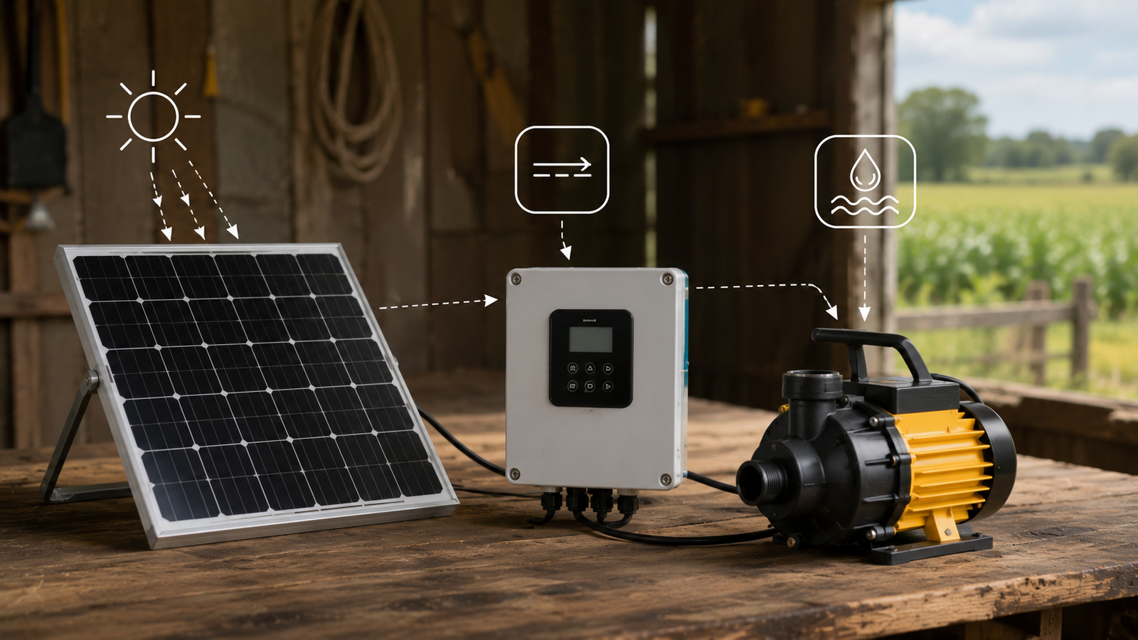 Schematic diagram of a solar water pumping system showing solar panels, controller, and pump connection