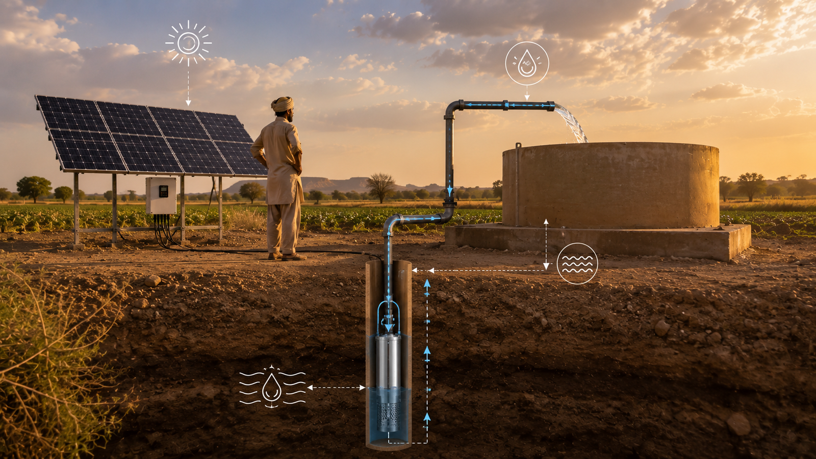 Installation of a submersible solar water pump in a deep borehole for agricultural irrigation