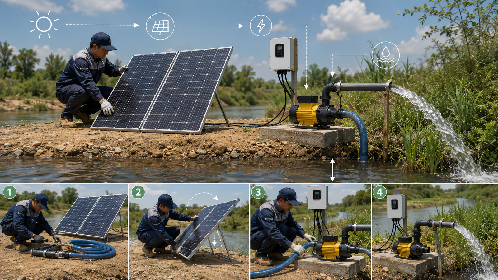 Infographic comparing DC and AC solar water pump systems highlighting inverter usage and efficiency