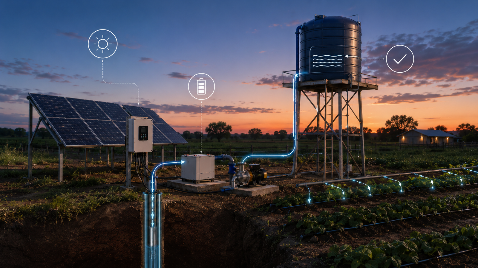 3D render of a farm using solar powered water pumps for drip irrigation and livestock watering