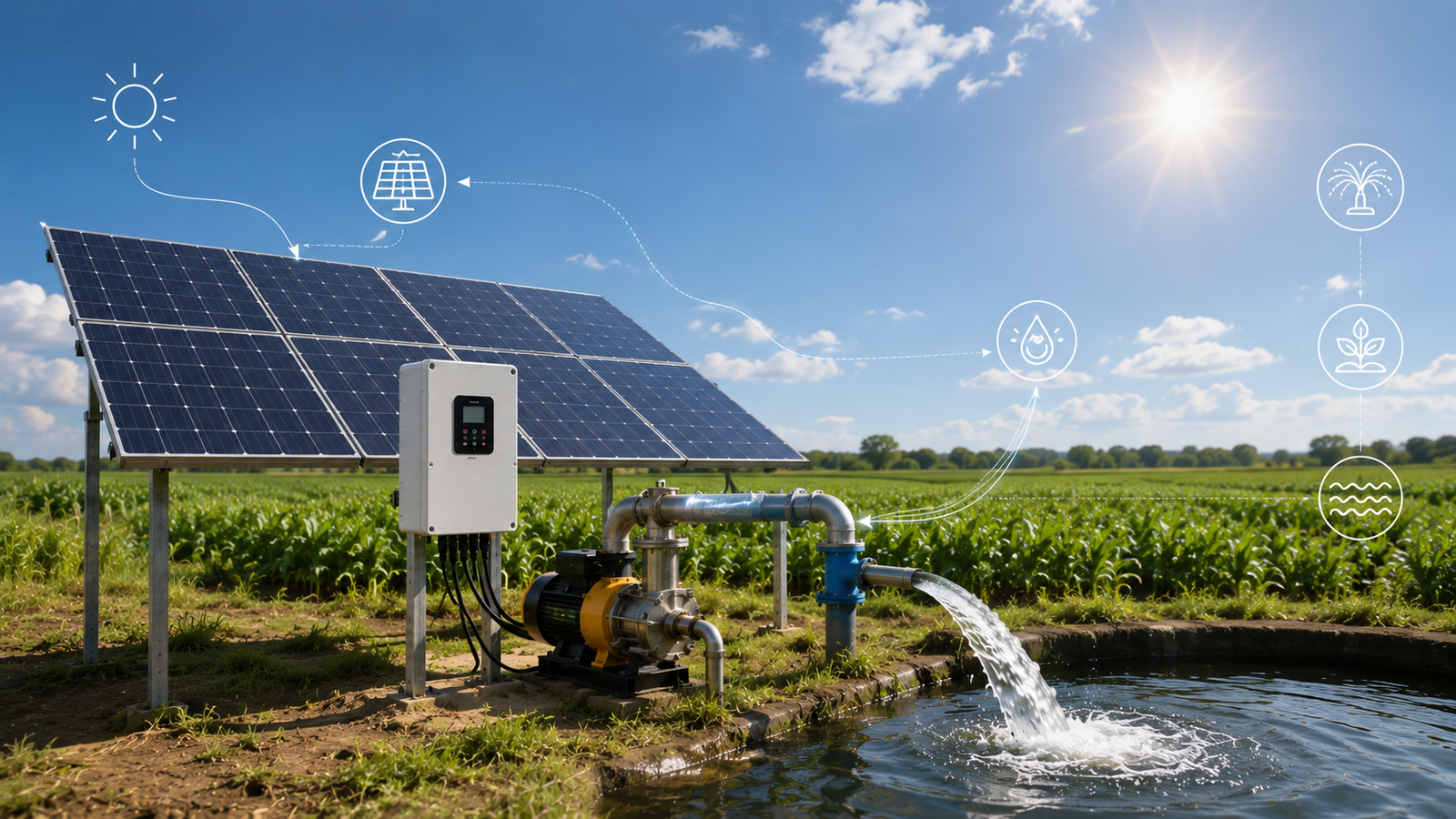 Farmer standing next to a solar water pump system in a green field with solar panels in background