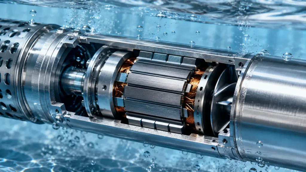 How Long Can a Submersible Well Pump Run Continuously? Well cross-section showing submersible motor cooling flow and dynamic water level
