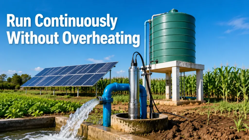 Solar-powered submersible well pump filling a farm water storage tank