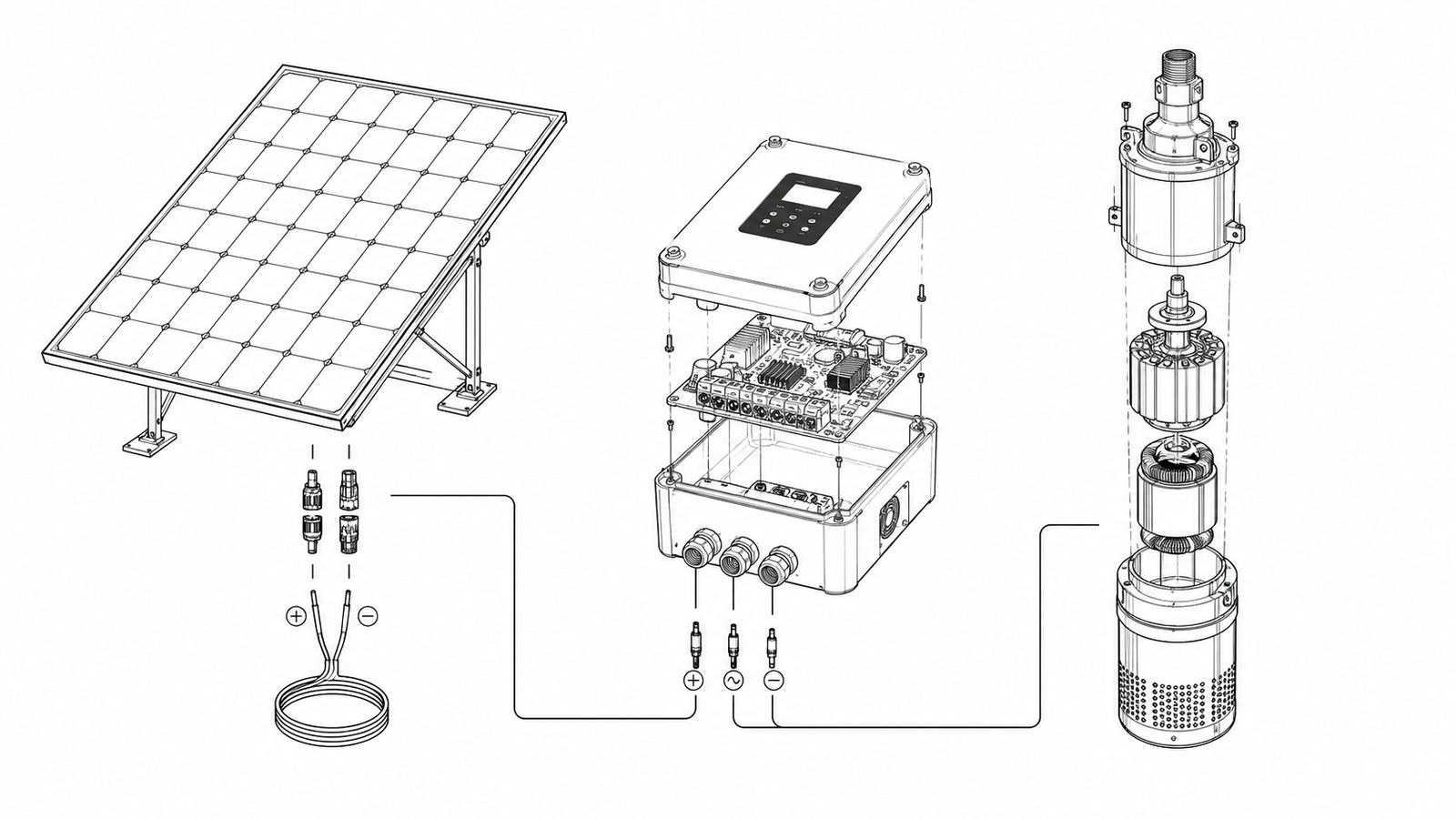 Industrial flat line-art schematic of solar water pump system components including panels, controller, and pump