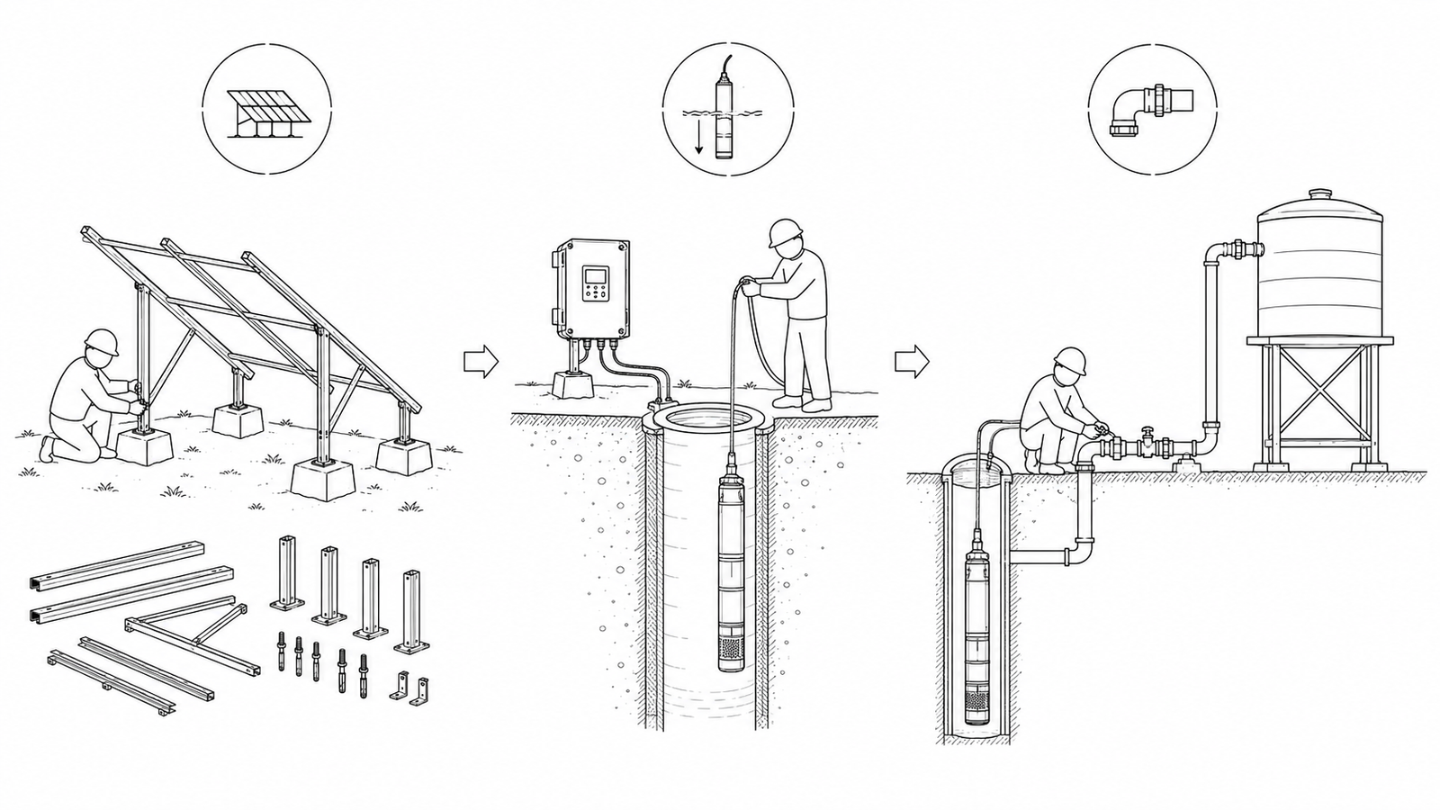 Photorealistic image of submersible solar pump installation in a deep well with flat linear icon overlays
