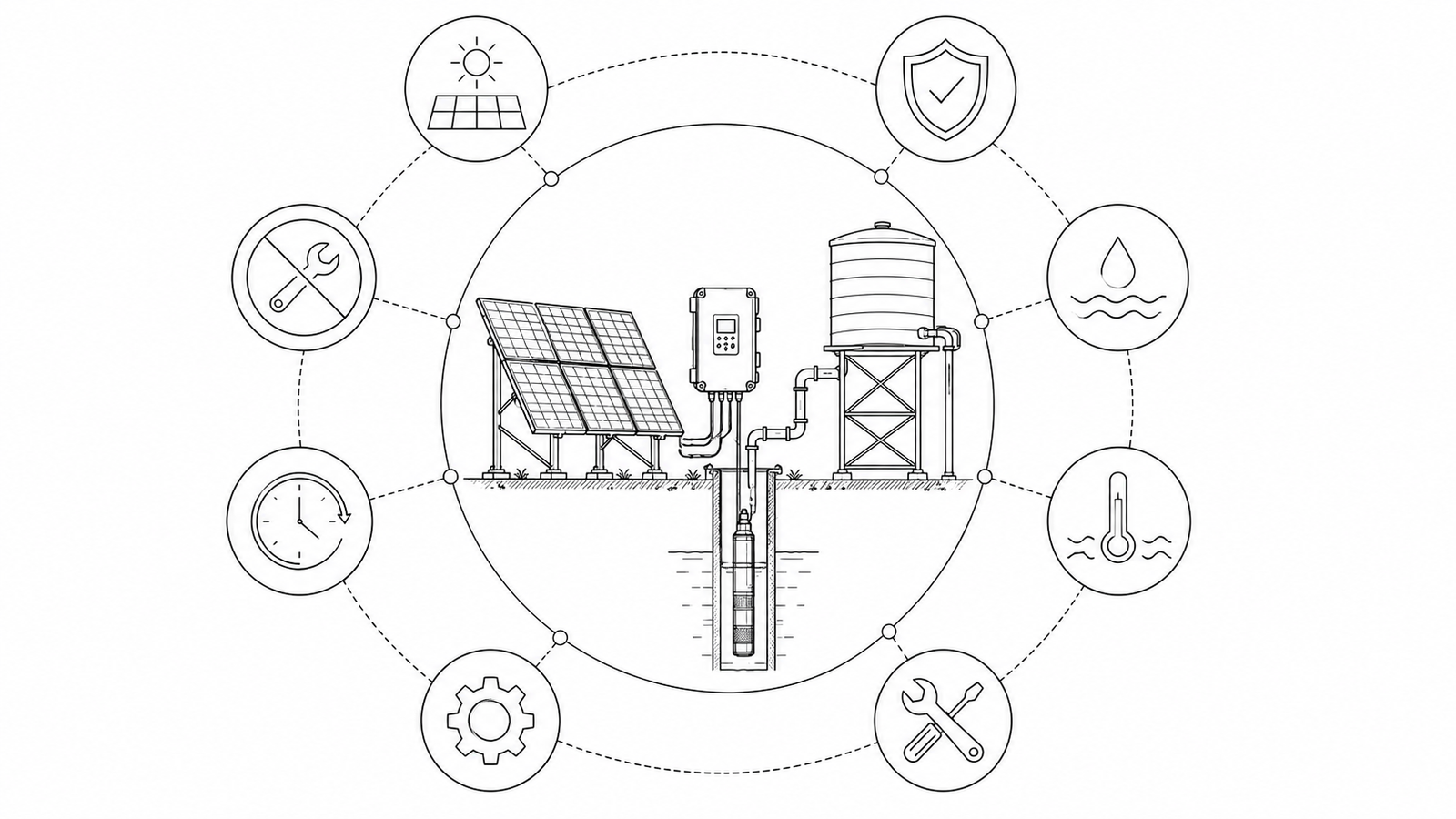 Hyper-realistic 3D cutaway of solar pump motor with text-free UI overlays highlighting technical features