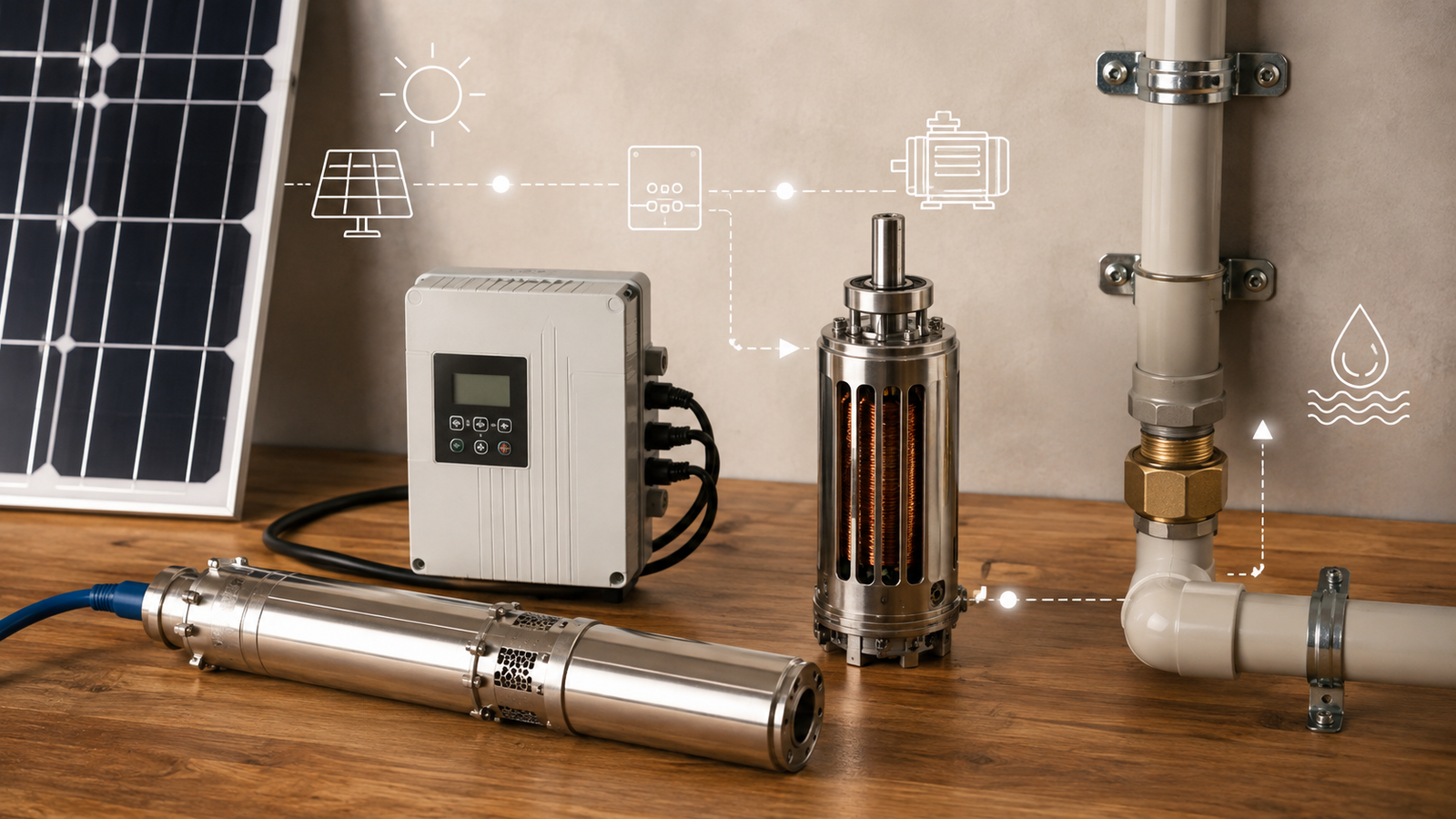 Solar Submersible Pumps for Remote Wells: The Complete Off-Grid Guide Schematic diagram of a solar submersible pump system showing PV panels, controller, submersible pump, and water storage tank.