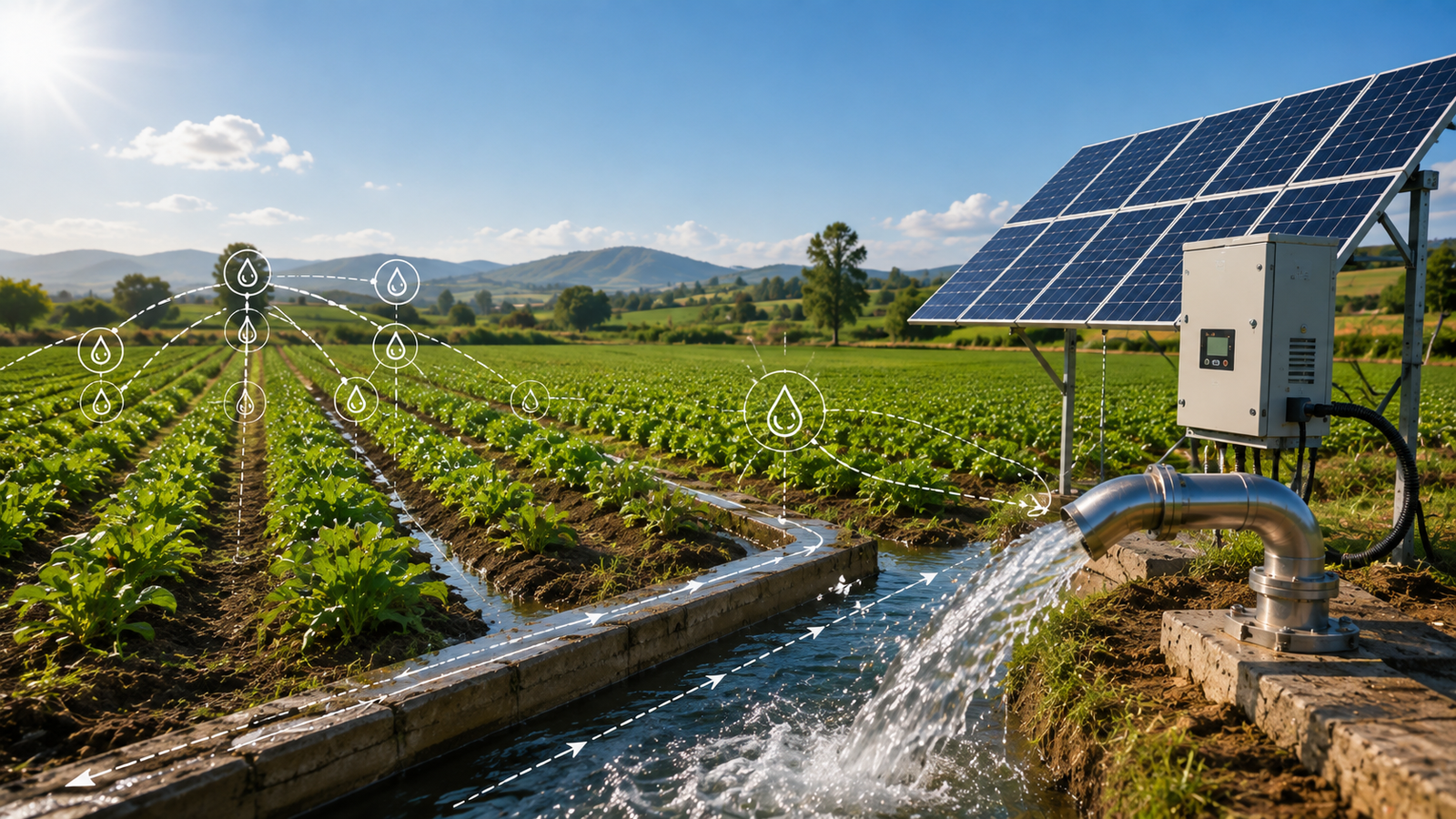 Solar Submersible Pumps for Remote Wells: The Complete Off-Grid Guide Isometric illustration showing key factors for selecting a solar pump: borehole depth, diameter, and water flow rate.