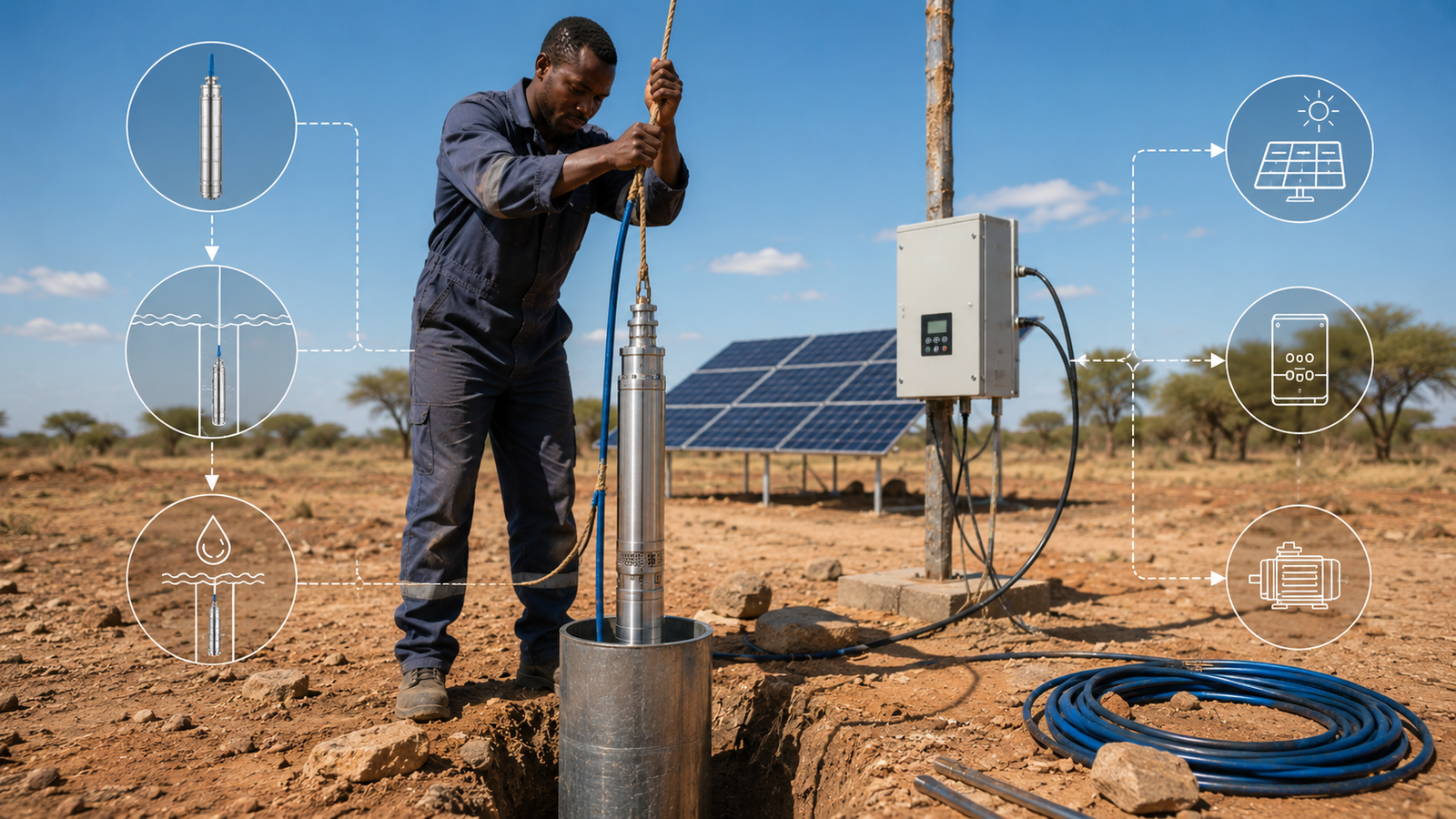 Solar Submersible Pumps for Remote Wells: The Complete Off-Grid Guide Livestock drinking from a trough filled by a solar powered water system in a remote pasture with eco-icons overlay.