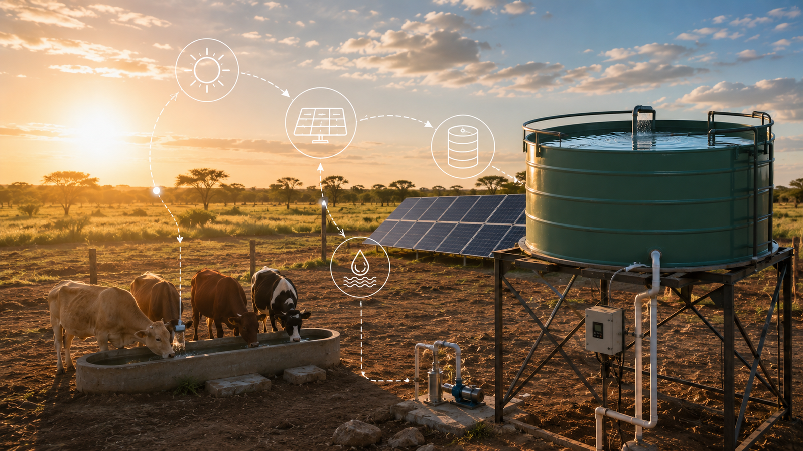 Solar Submersible Pumps for Remote Wells: The Complete Off-Grid Guide 3D cutaway view of a solar submersible pump installed in a deep borehole with surrounding geological layers and UI highlights.