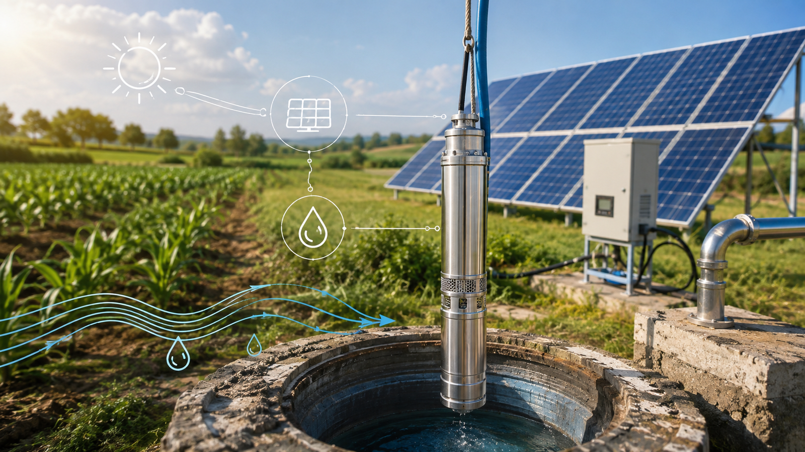 Solar Submersible Pumps for Remote Wells: The Complete Off-Grid Guide Solar submersible pump system installed in a remote agricultural field with borehole and solar panels under a clear sky.