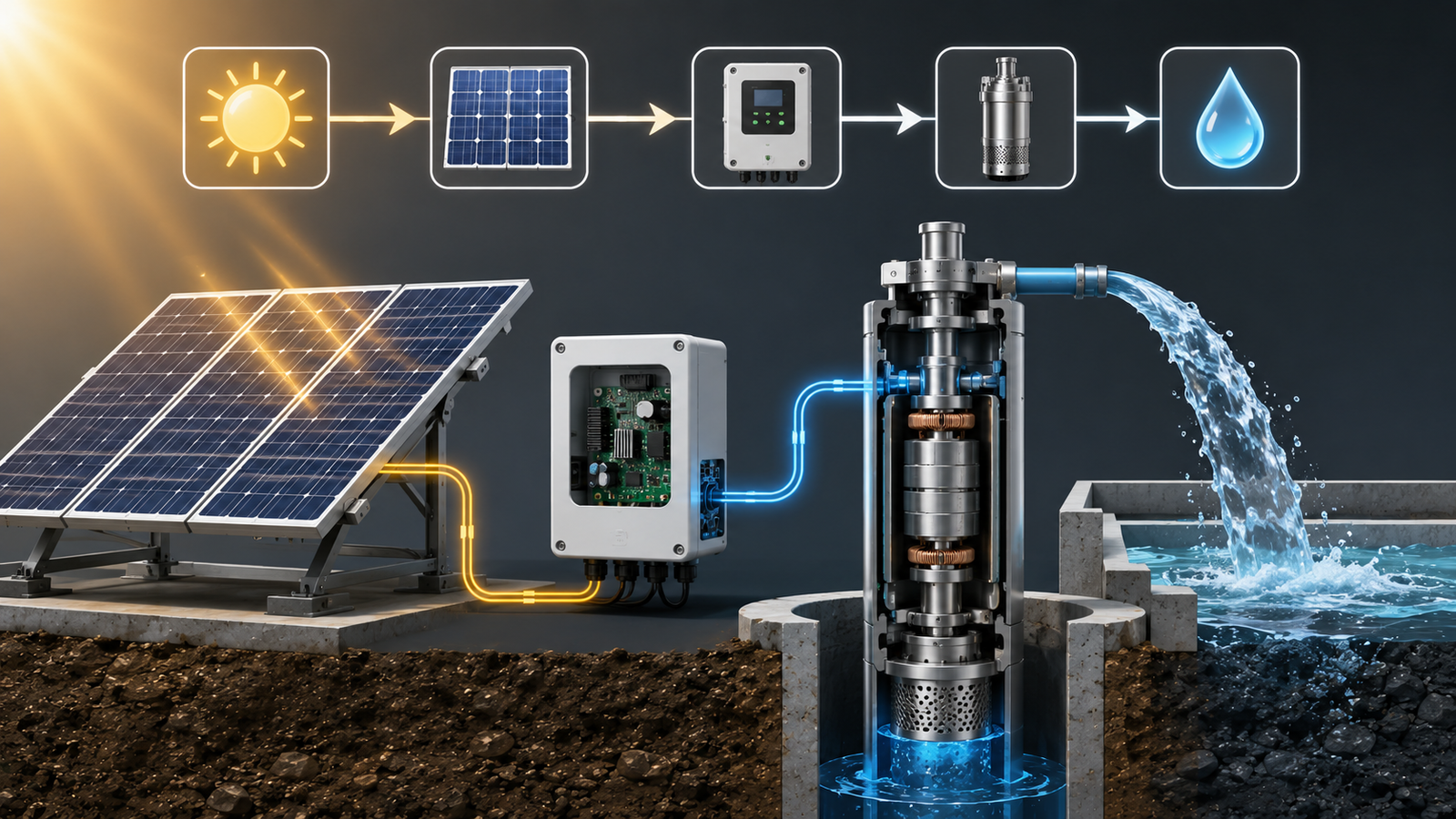 Solar panels converting sunlight to electricity with graphical icons showing energy conversion process