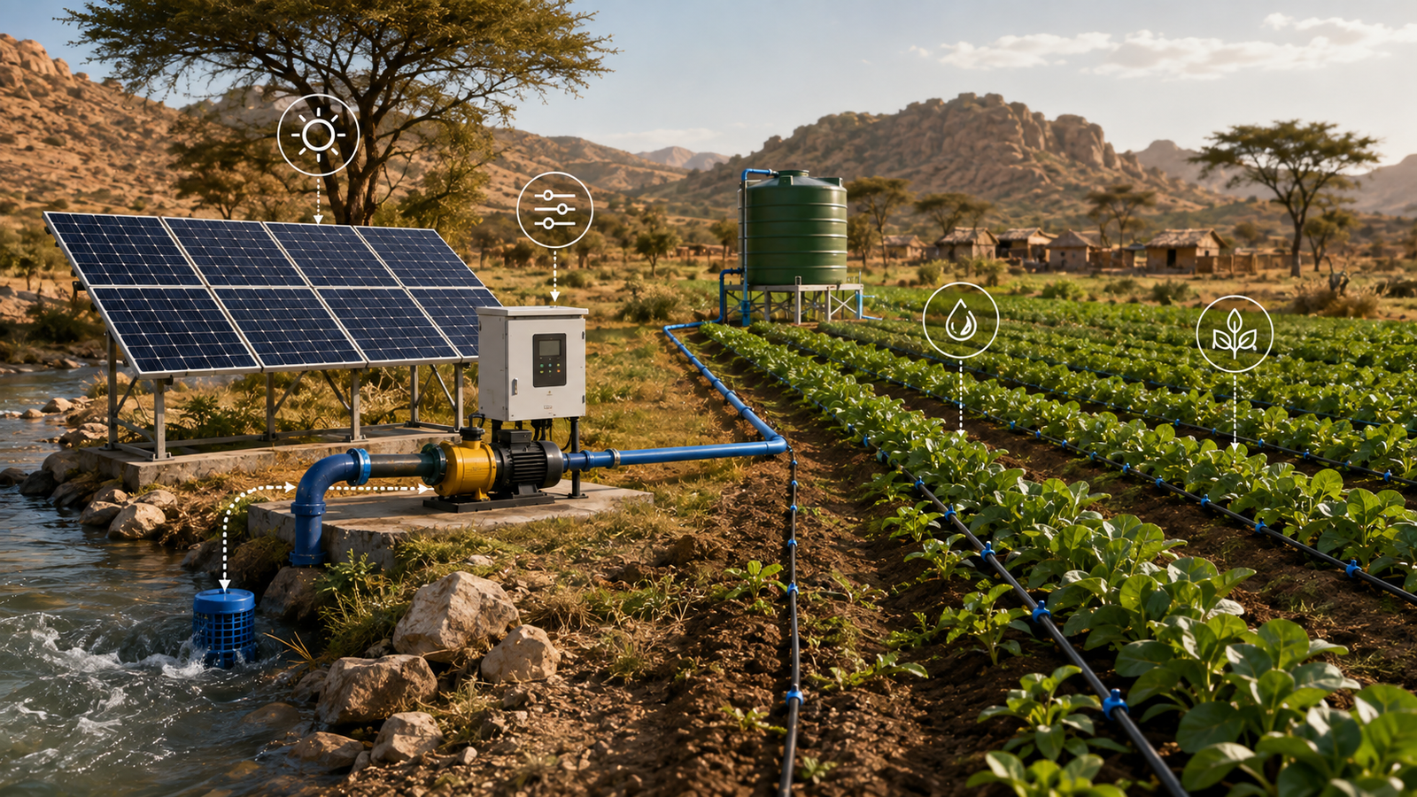 Close-up of a solar pump controller and electrical connections in an outdoor installation