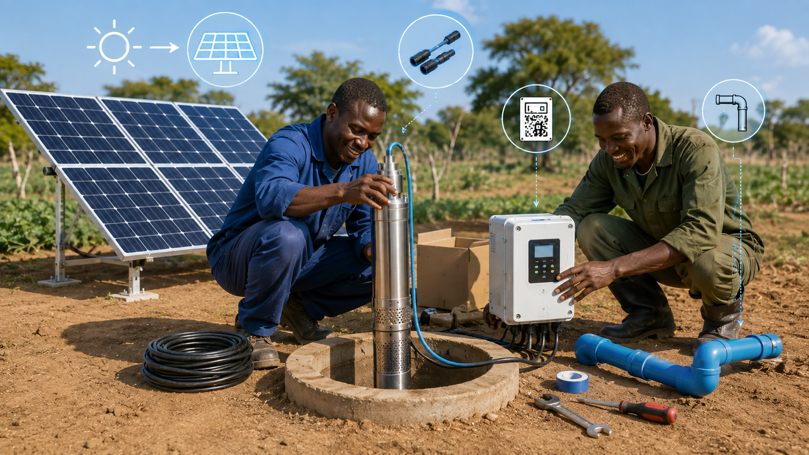 Comparison of submersible solar pump in a well and surface solar pump near a river