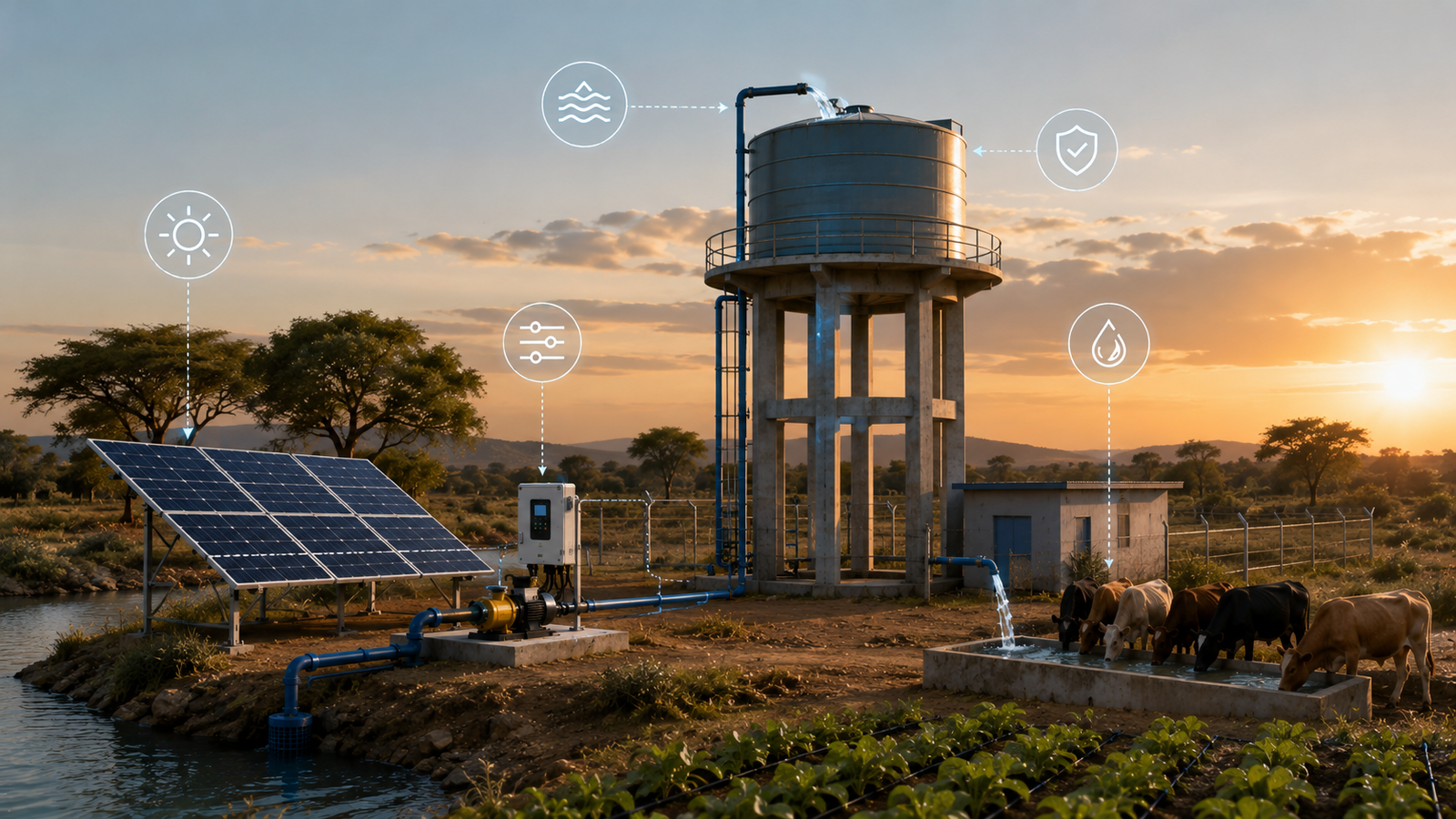 Healthy irrigated crops in a field powered by a remote solar water pump system