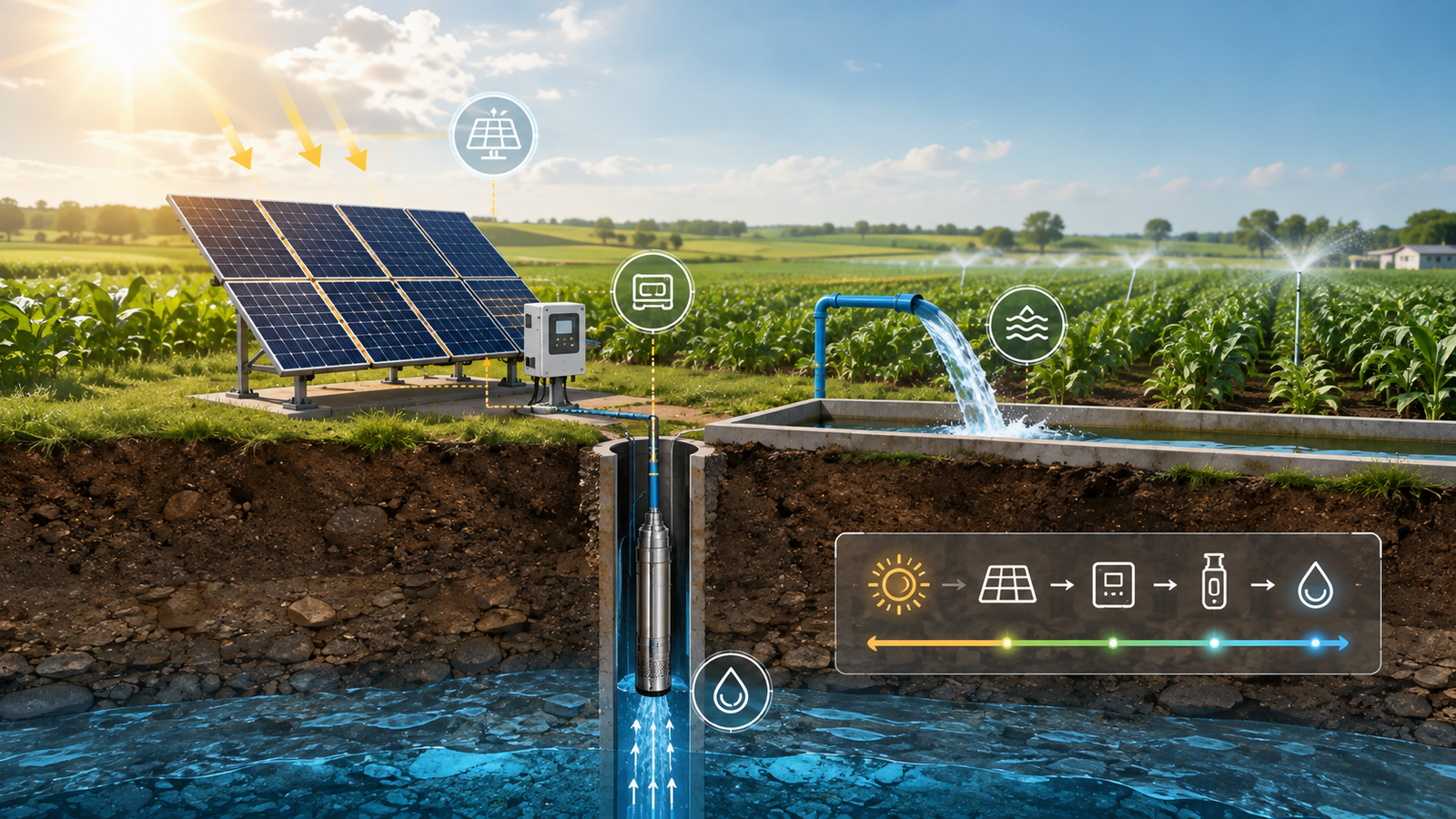 3D cutaway diagram of a complete solar water pump system showing panels, controller, well pump, and storage tank in a farm setting