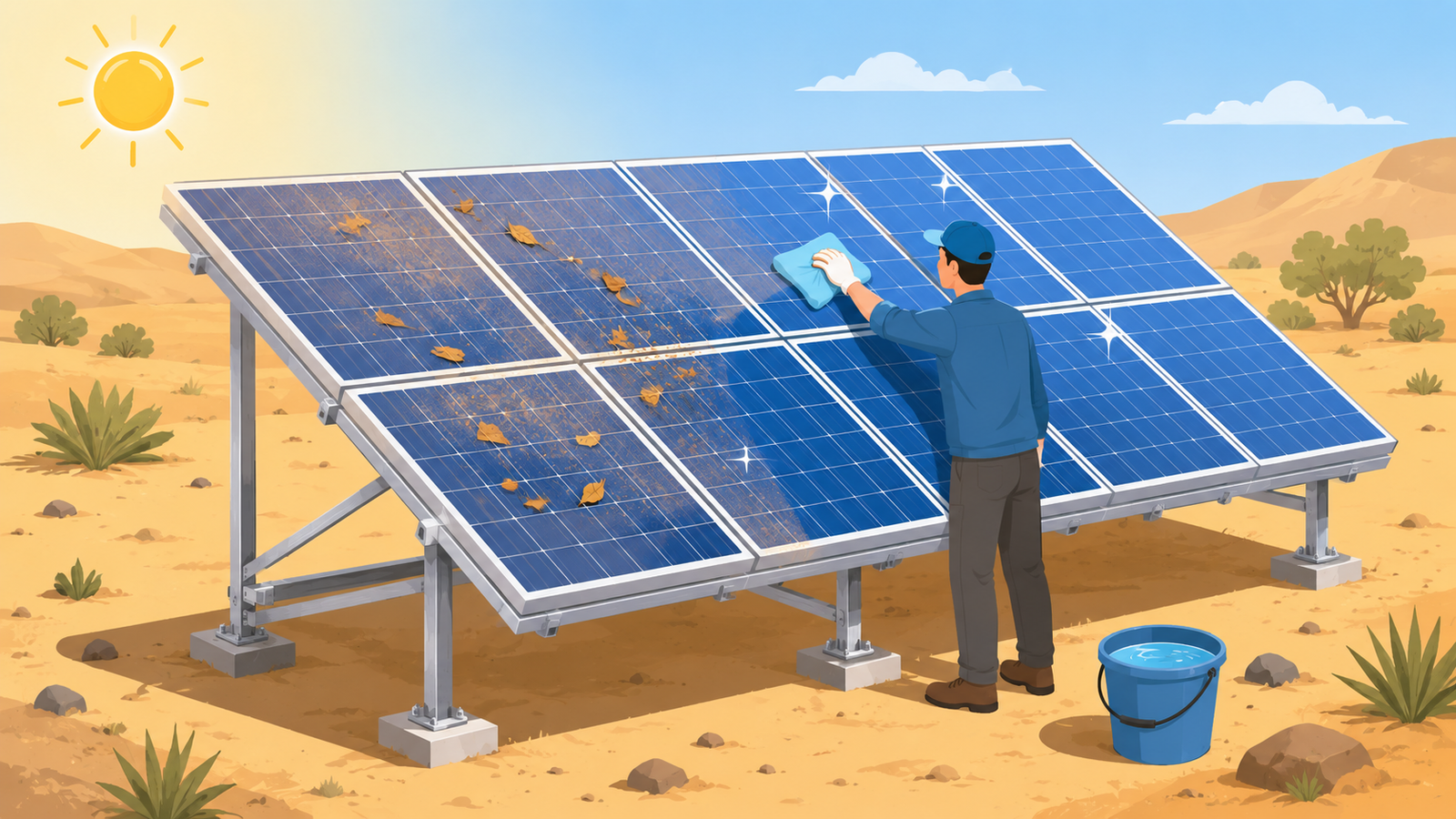 What Maintenance Is Needed for Solar Water Pumps? A Simple Checklist 2.5D isometric vector illustration of cleaning solar panels with a soft brush