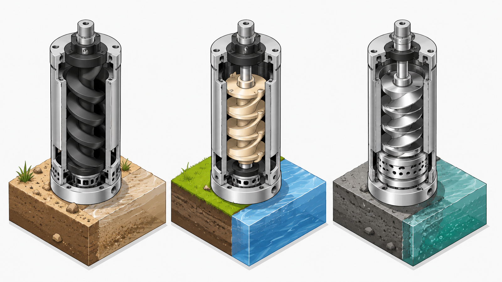 What Maintenance Is Needed for Solar Water Pumps? A Simple Checklist 2.5D isometric vector comparison of solar screw, plastic impeller, and stainless steel pumps