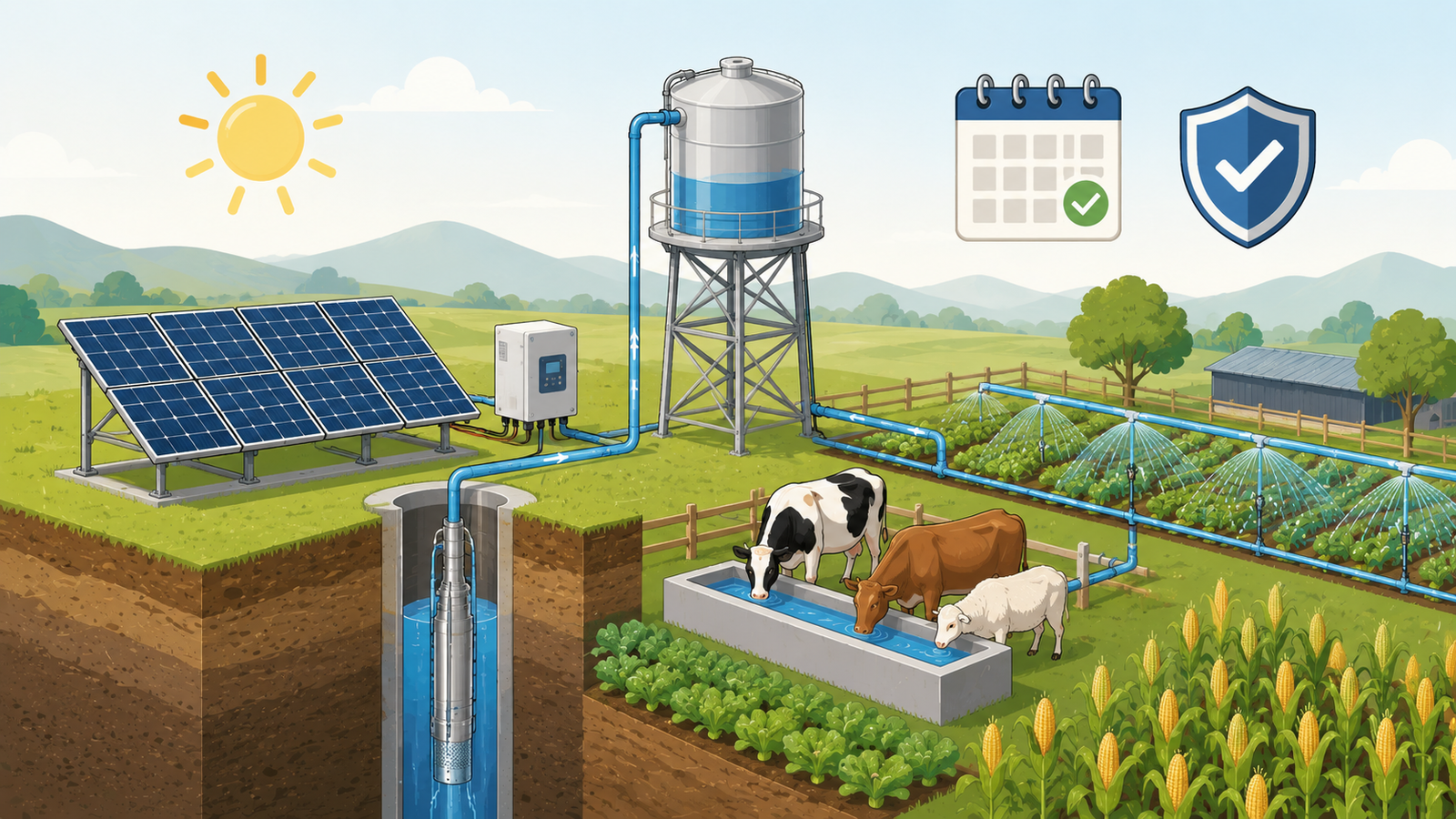 What Maintenance Is Needed for Solar Water Pumps? A Simple Checklist 2.5D isometric vector diagram of a complete solar water pump system with controller and well