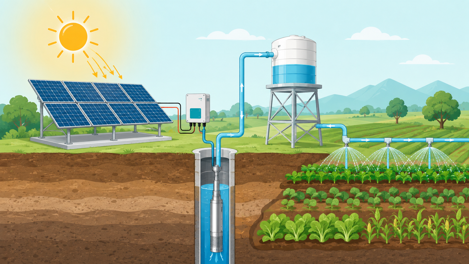 What Maintenance Is Needed for Solar Water Pumps? A Simple Checklist Solar water pump system on a farm with solar panels and bold headline about low maintenance