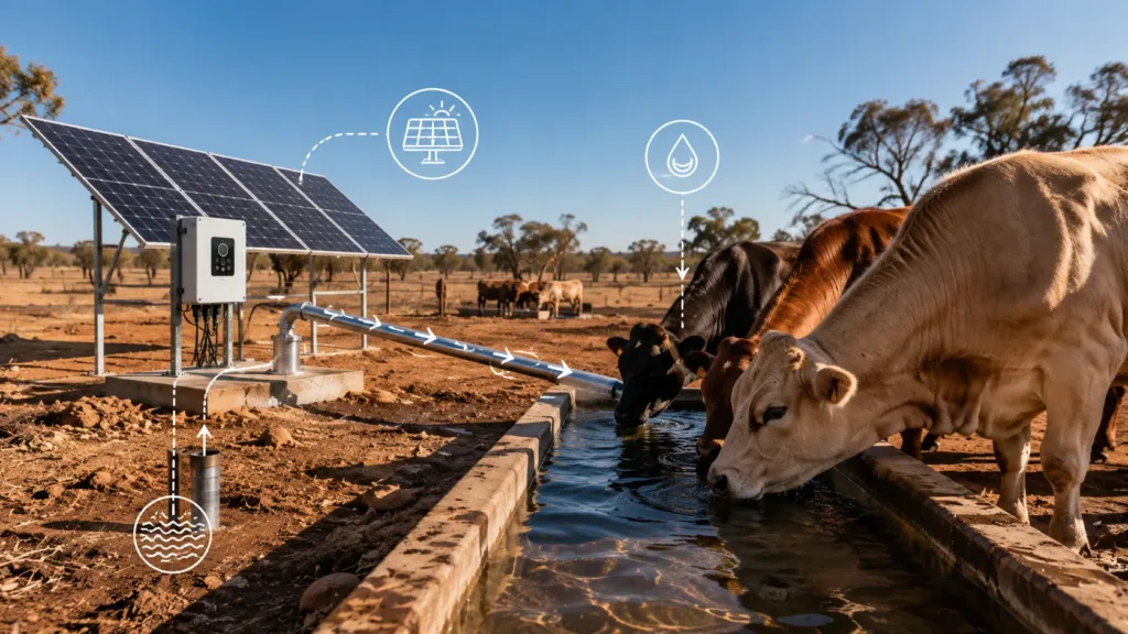 7 Benefits of Solar Water Pumps for Farms, Irrigation & Off-Grid Water Supply Off-grid solar water pump supplying livestock drinking water on a remote farm