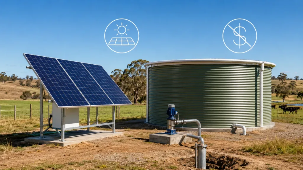 Solar water pump system supplying irrigation and livestock water on a remote farm