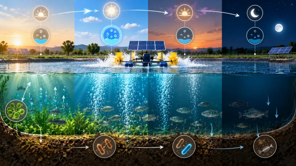 Daily dissolved oxygen cycle in a fish pond