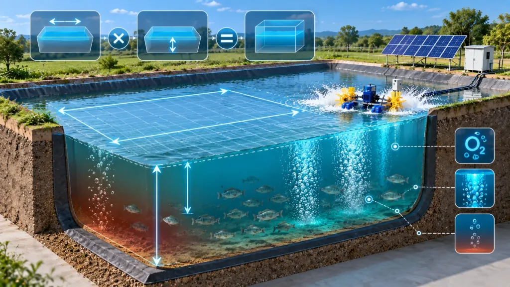Fish pond volume calculation for solar aerator sizing