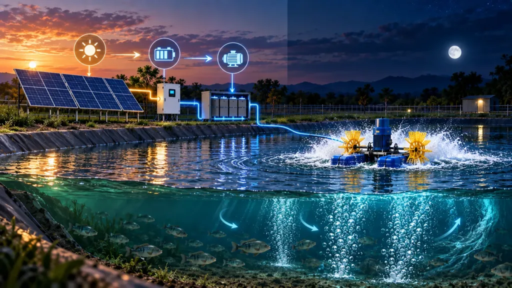 Solar aerator system with nighttime backup for fish farming