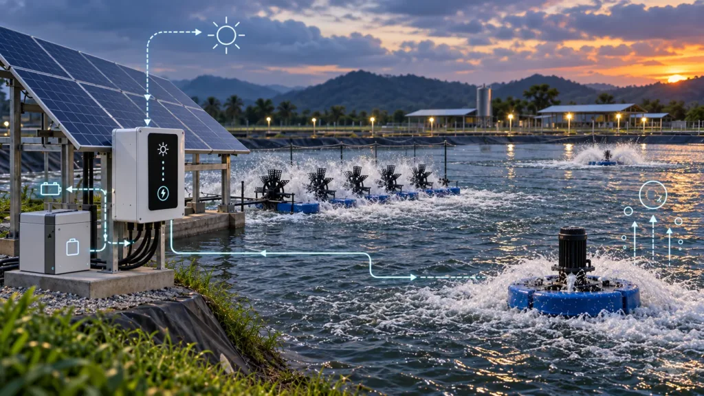 How to Size a Solar Aerator for a Fish Pond Solar aerator system with nighttime backup for fish farming