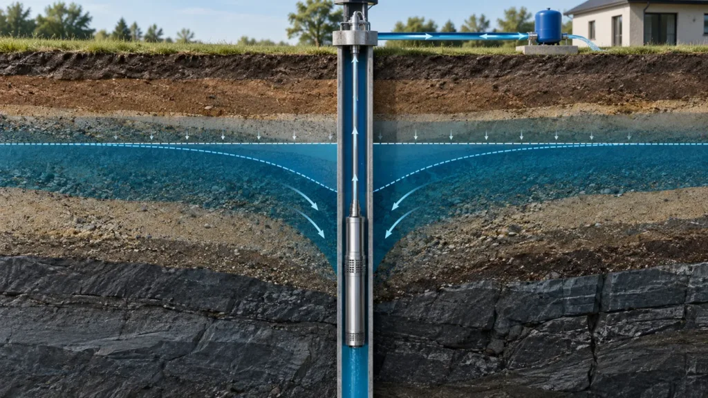 Static and dynamic water level in a deep well during pumping