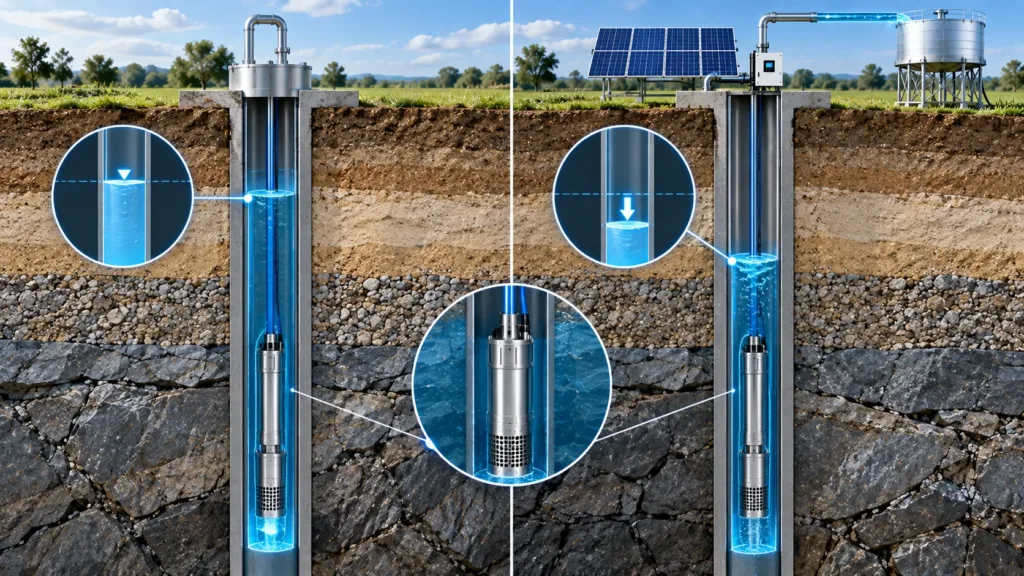 Static water level and dynamic water level in a deep well showing drawdown
