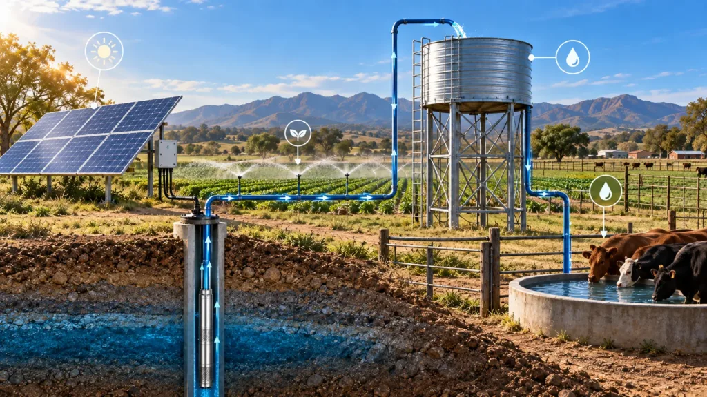 Deep well solar pump system for irrigation and livestock water