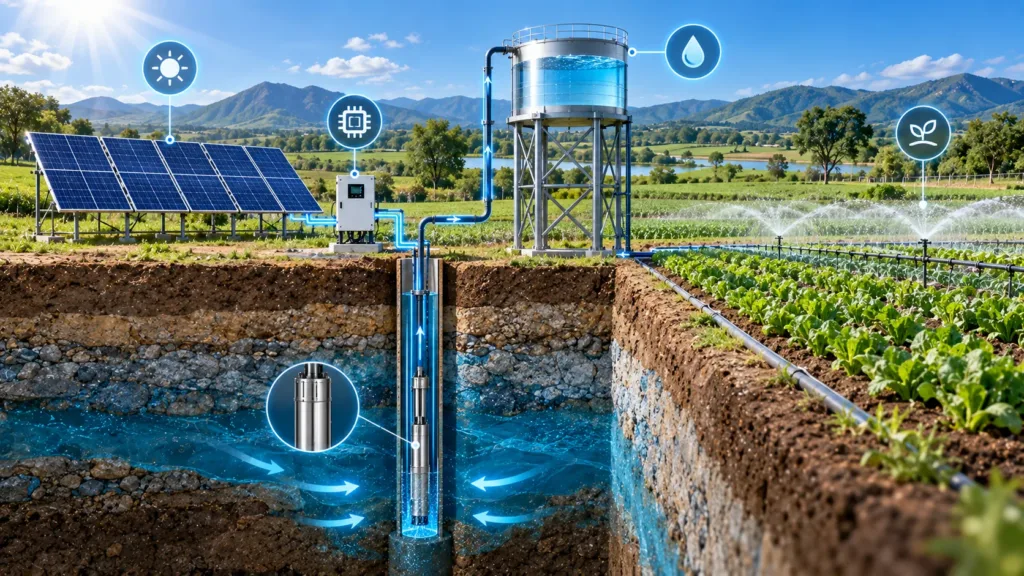 Solar submersible pump system for a deep well with PV array and storage tank