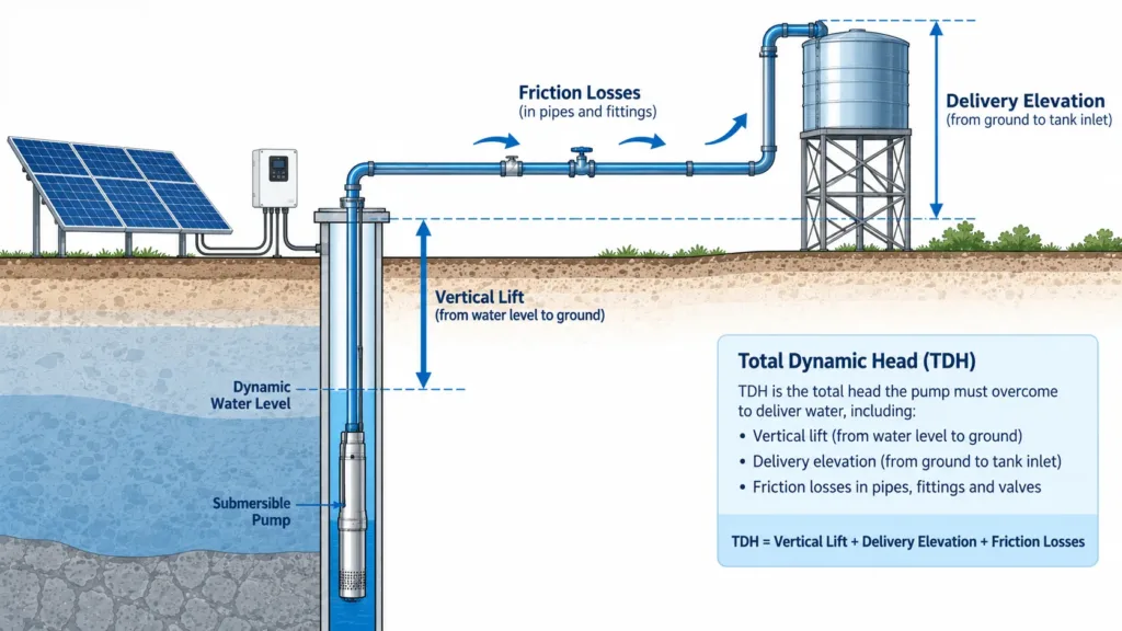 Total dynamic head calculation for a solar irrigation pump