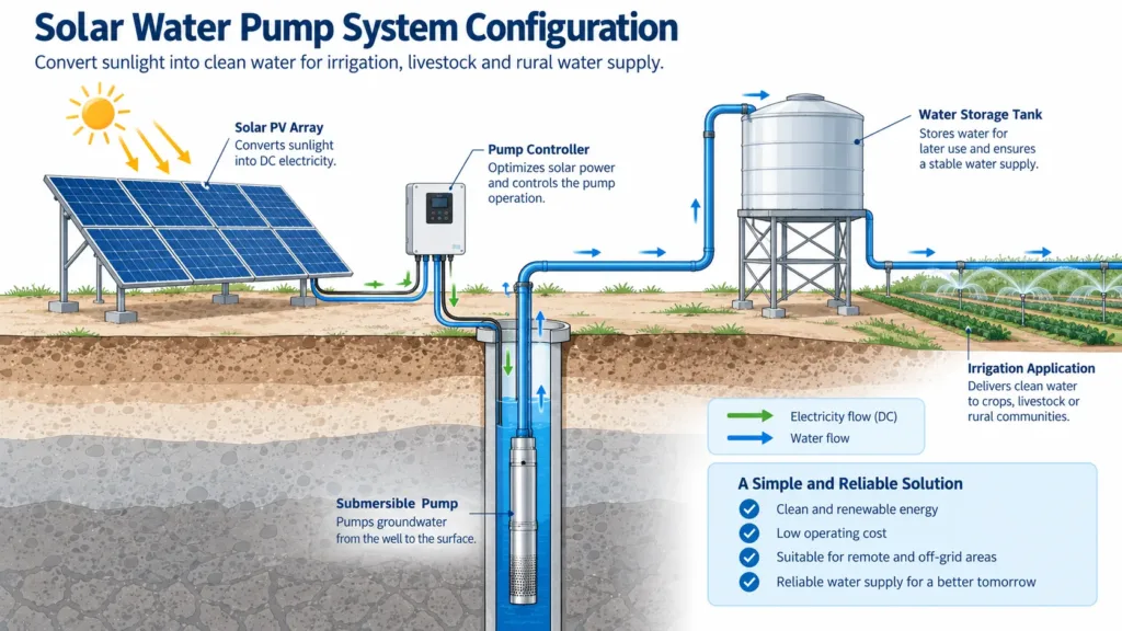 Solar irrigation pump system with direct irrigation and water storage