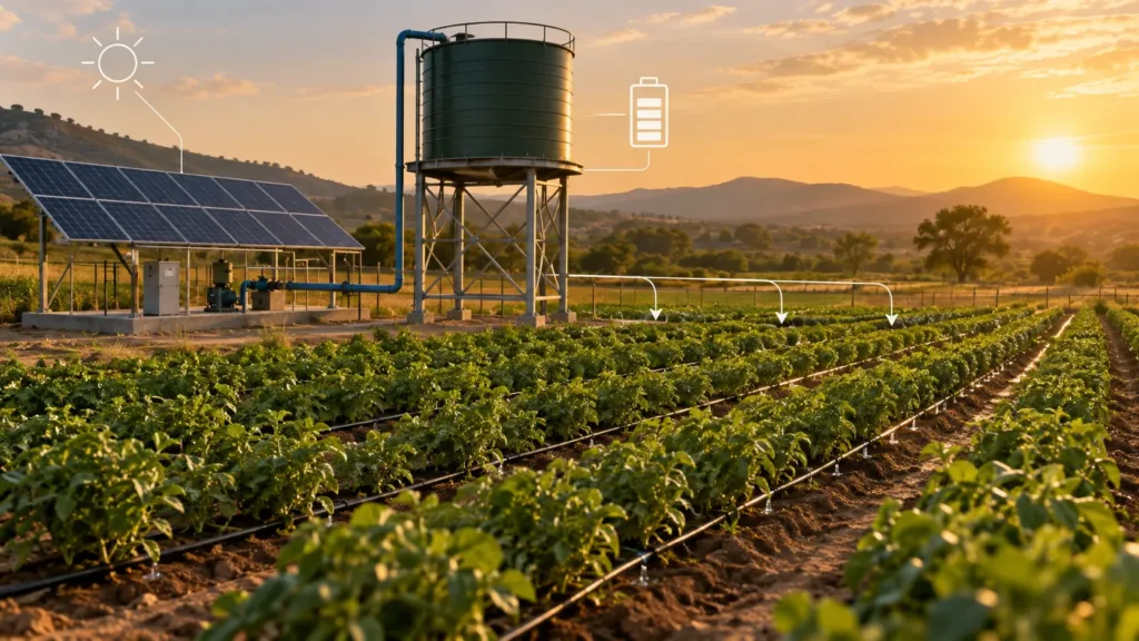 How to Size a Solar Water Pump System for Irrigation Solar irrigation pump system with direct irrigation and water storage